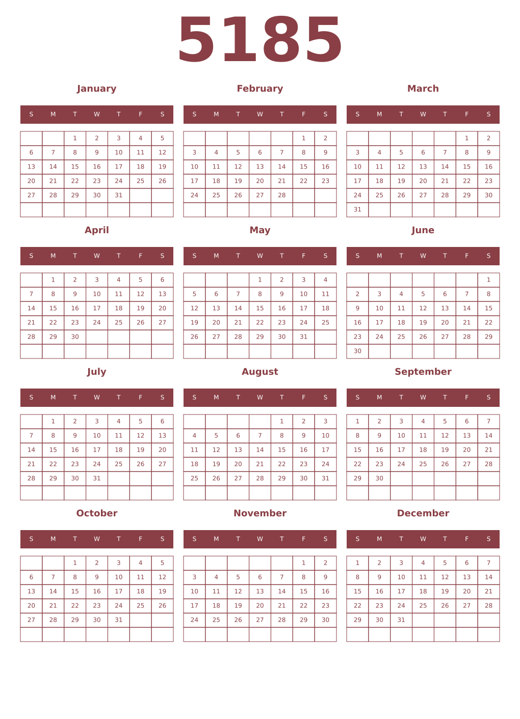Printable 5185 Year Calendars cordovan
