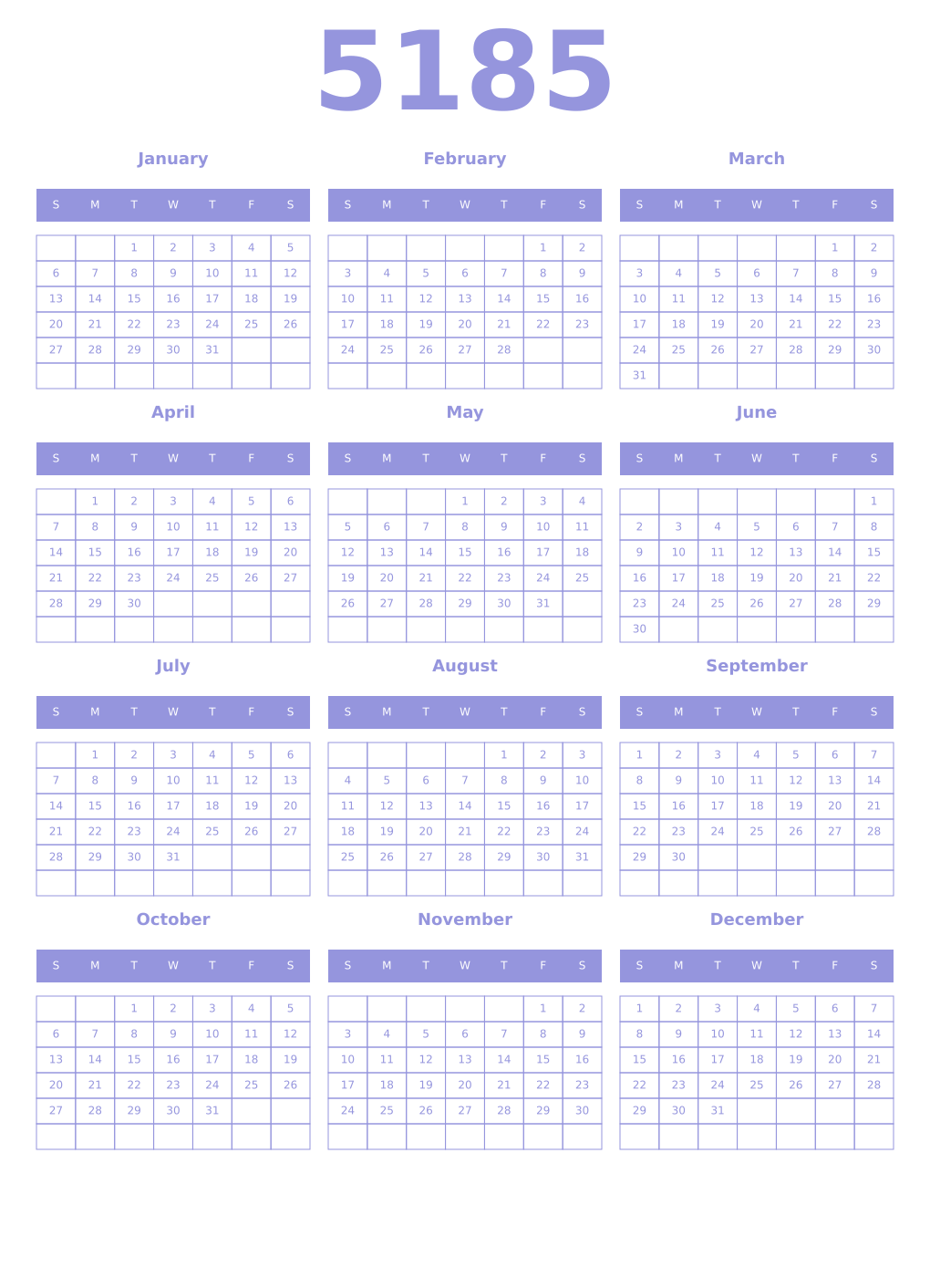 Printable 5185 Year Calendars periwinkle