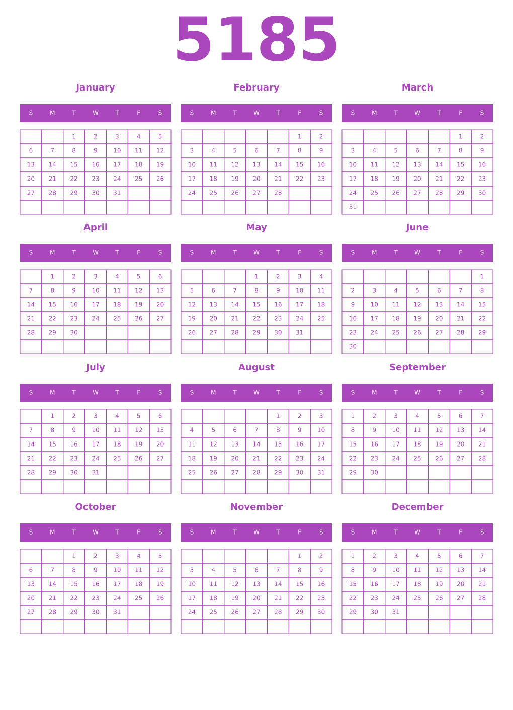 Printable 5185 Year Calendars purple