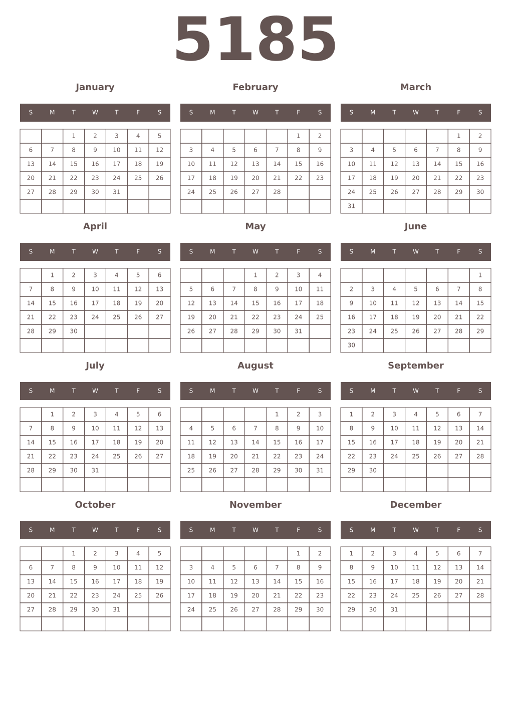 Printable 5185 Year Calendars wenge