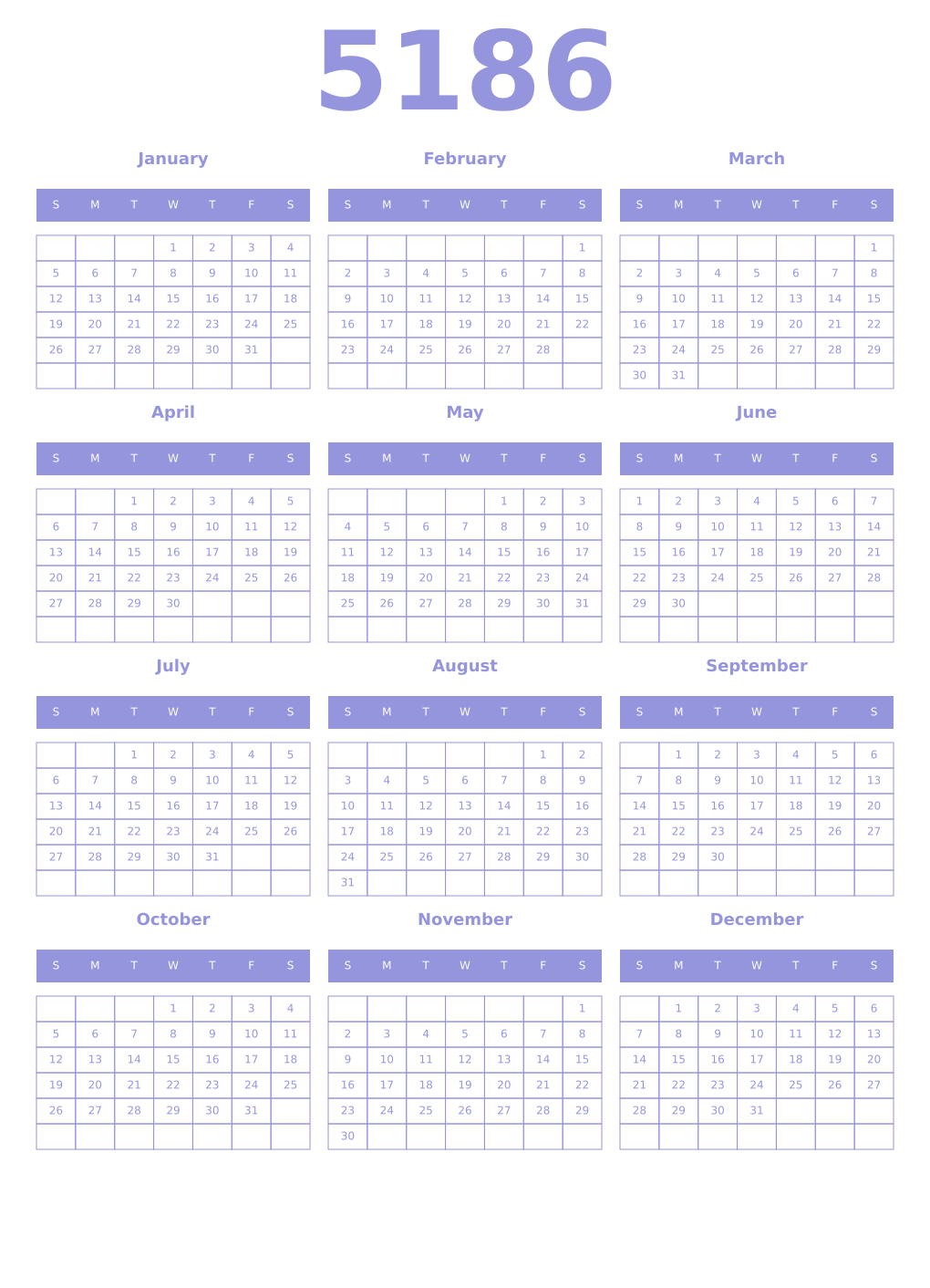 Printable 5186 Year Calendars periwinkle