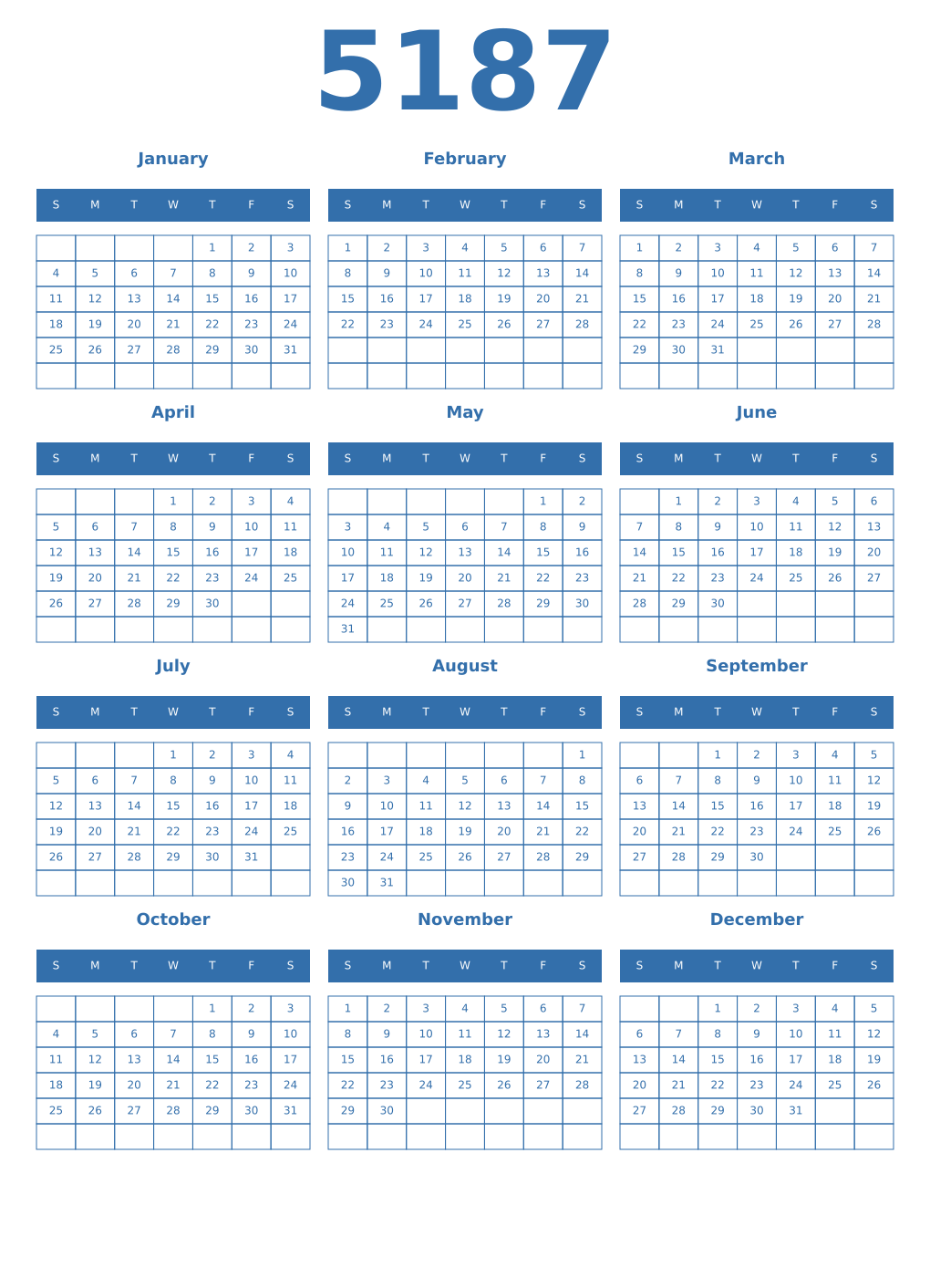Printable 5187 Year Calendars blue