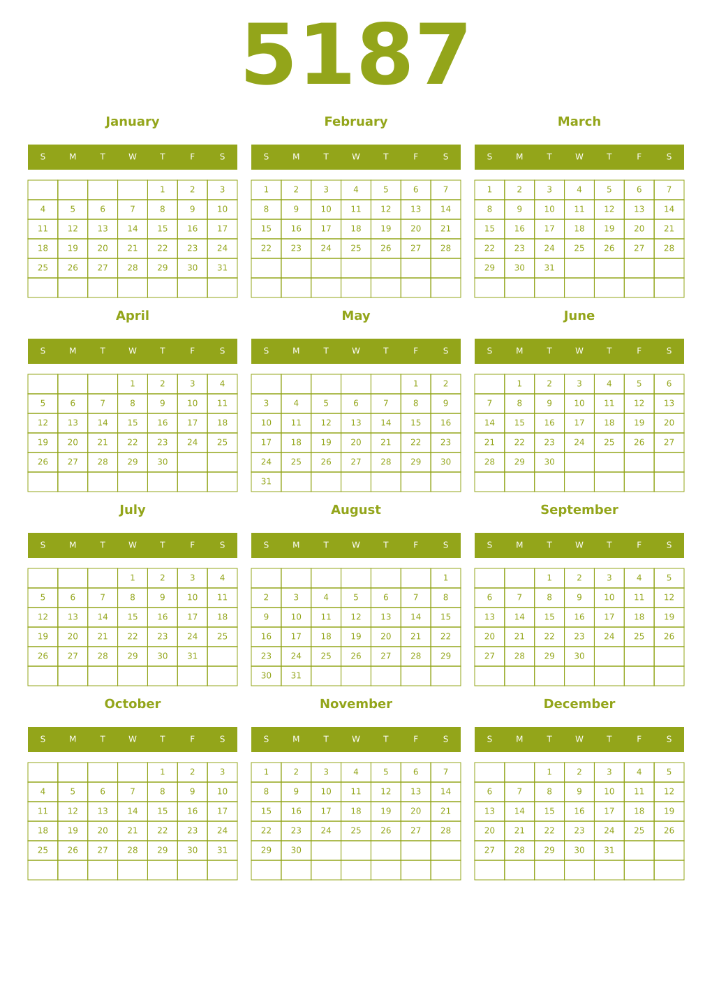 Printable 5187 Year Calendars chartreuse