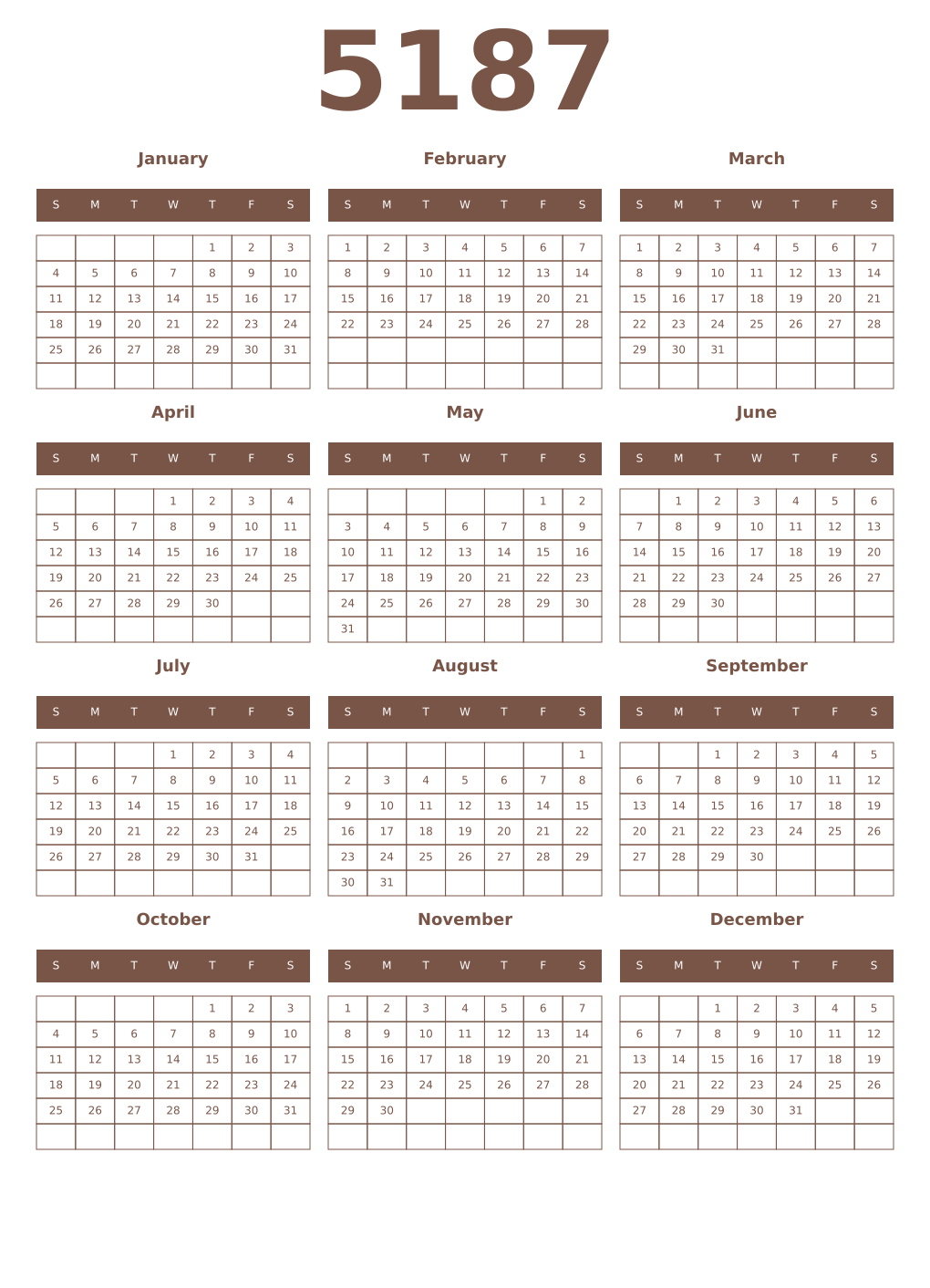 Printable 5187 Year Calendars coffe