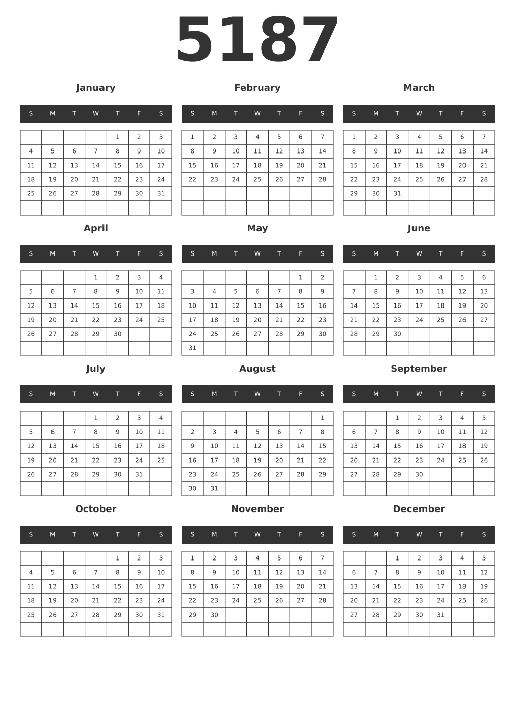 Printable 5187 Year Calendars dark
