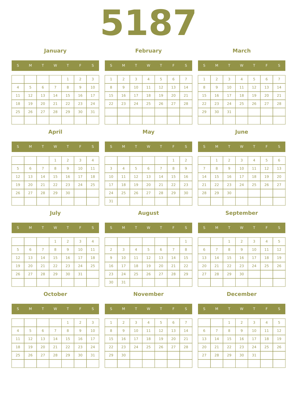 Printable 5187 Year Calendars eburnean