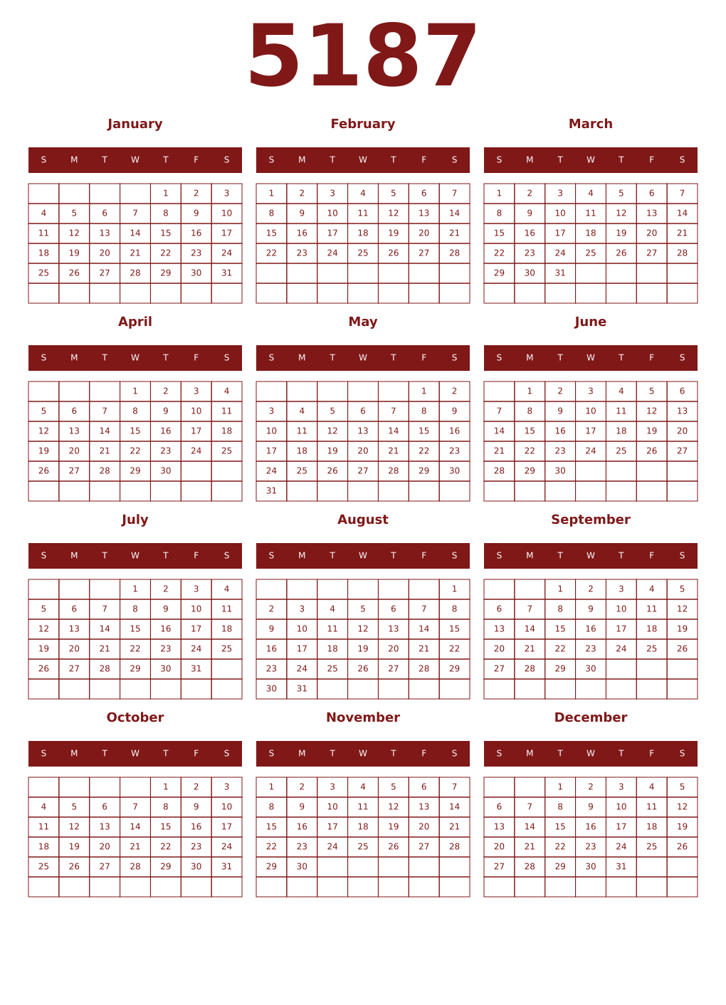 Printable 5187 Year Calendars falu