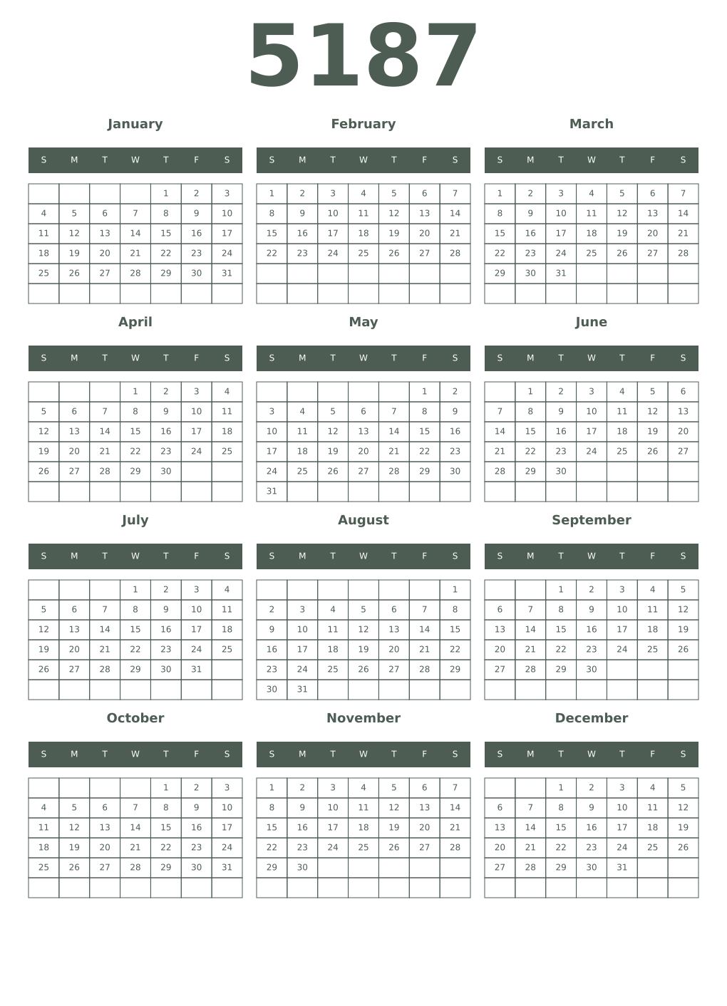 Printable 5187 Year Calendars feldgrau