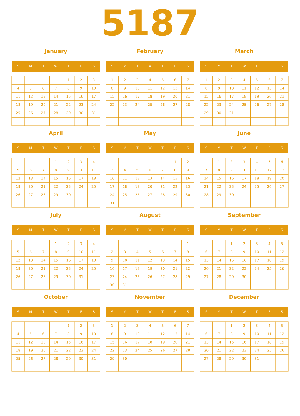 Printable 5187 Year Calendars gamboge