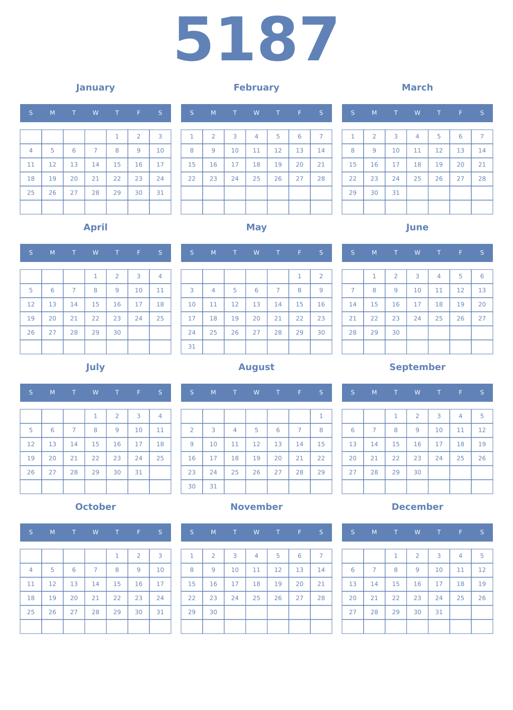 Printable 5187 Year Calendars glaucous