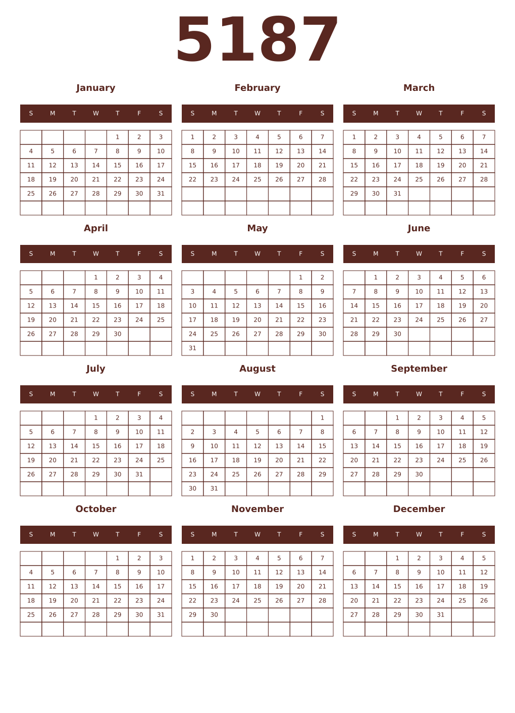 Printable 5187 Year Calendars mortuum