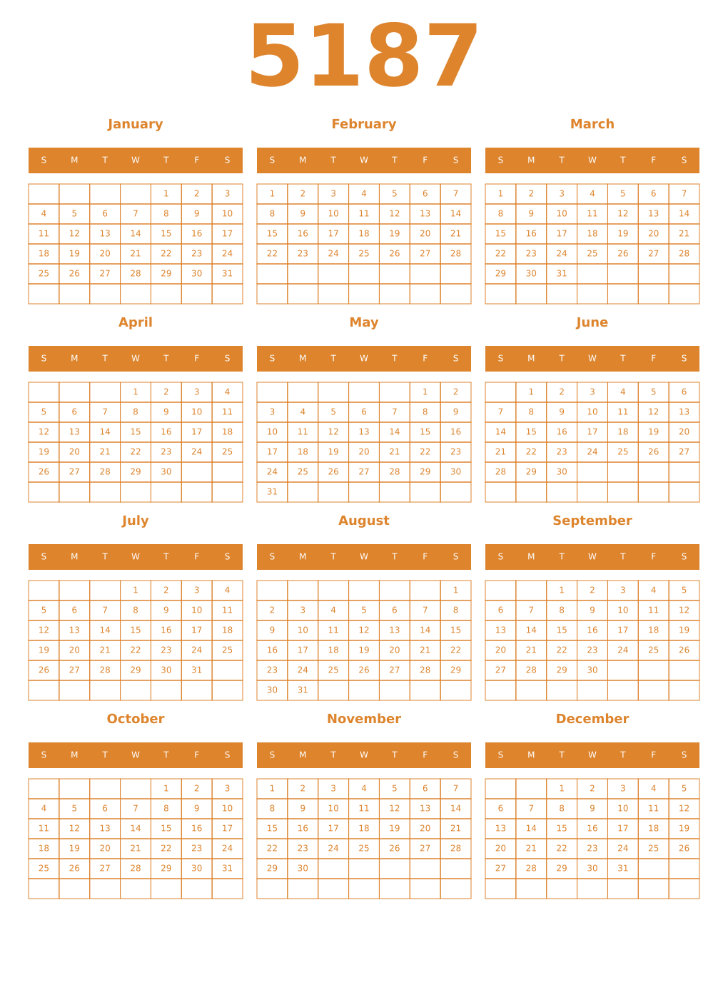 Printable 5187 Year Calendars orange