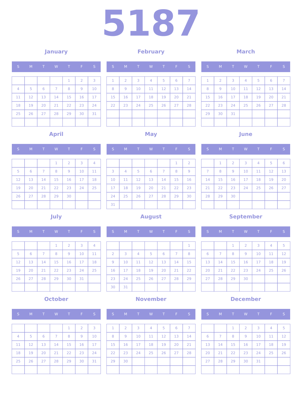 Printable 5187 Year Calendars periwinkle