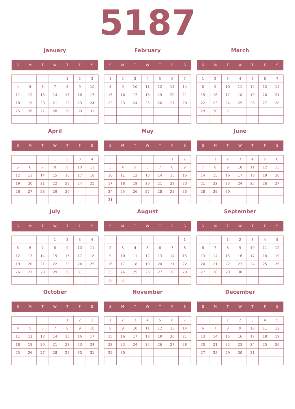 Printable 5187 Year Calendars puce