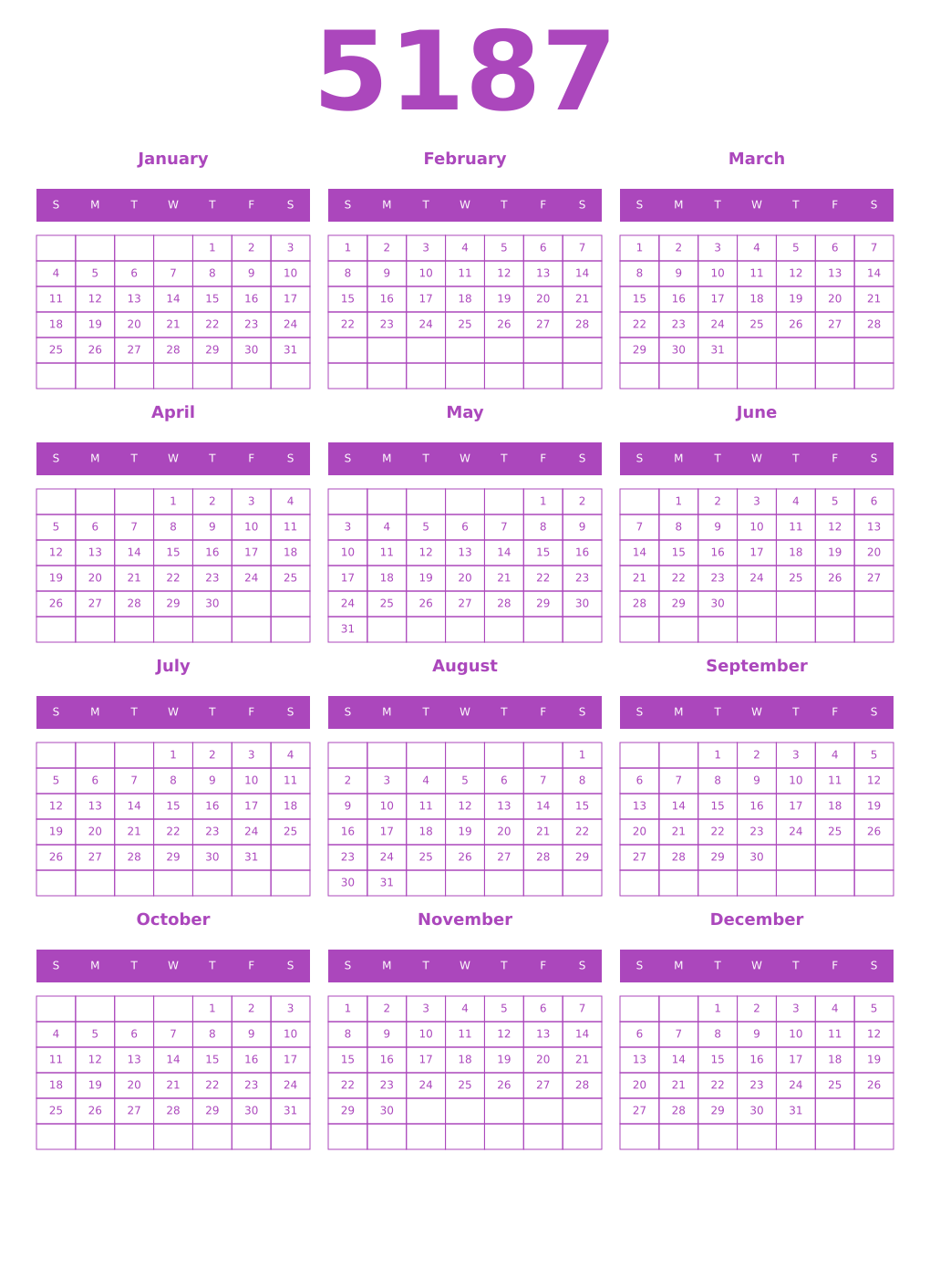Printable 5187 Year Calendars purple