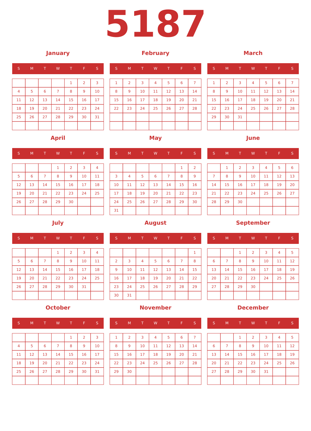 Printable 5187 Year Calendars red