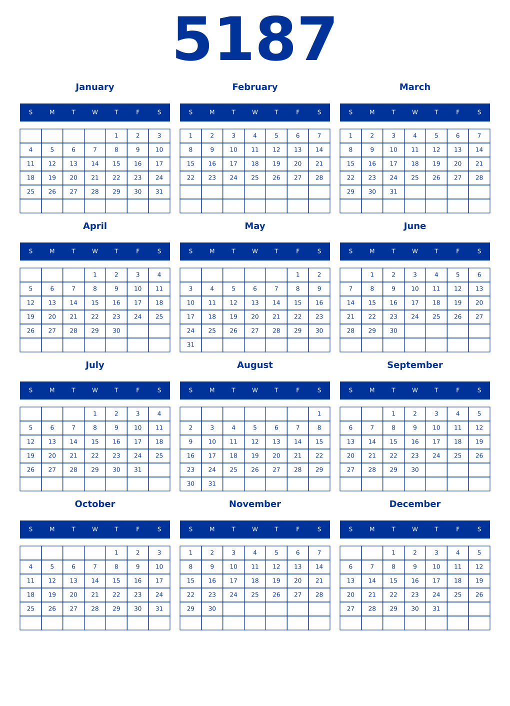 Printable 5187 Year Calendars smalt