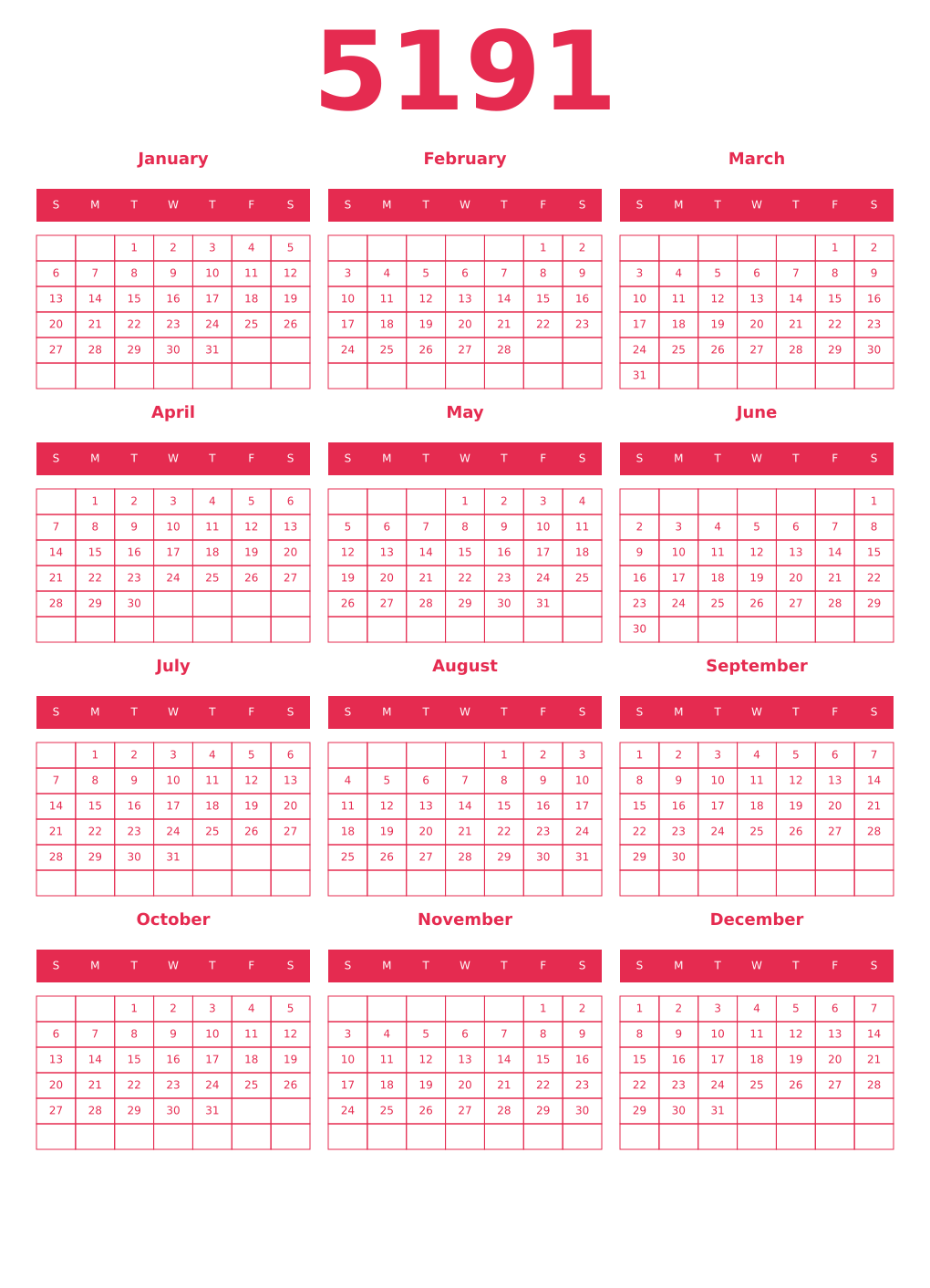 Printable 5191 Year Calendars amaranth