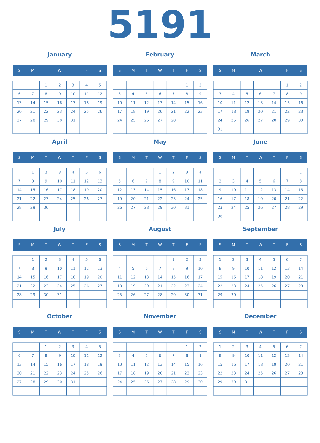 Printable 5191 Year Calendars blue