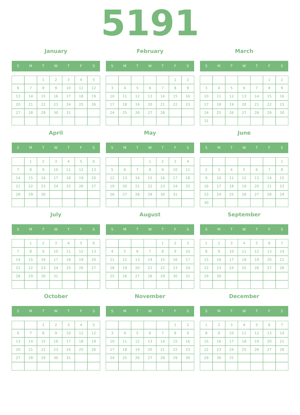 Printable 5191 Year Calendars celadon