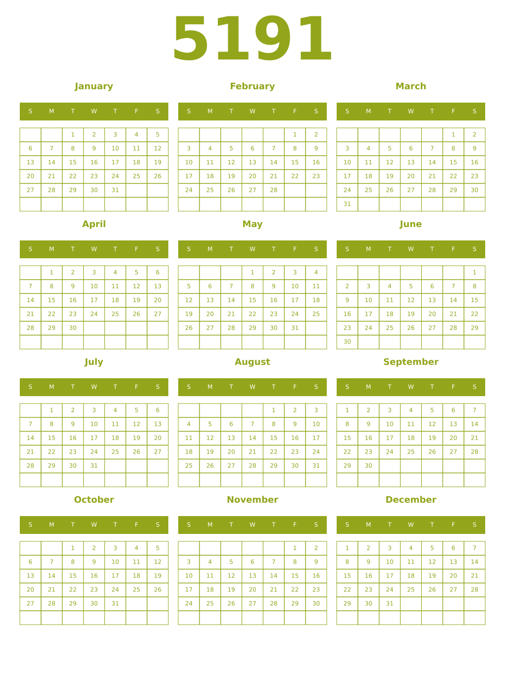 Printable 5191 Year Calendars chartreuse