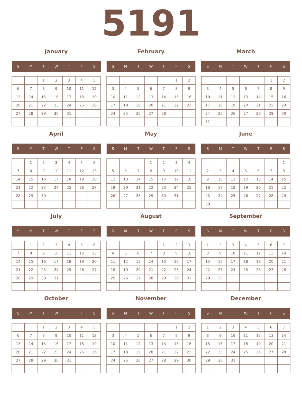 Printable 5191 Year Calendars coffe
