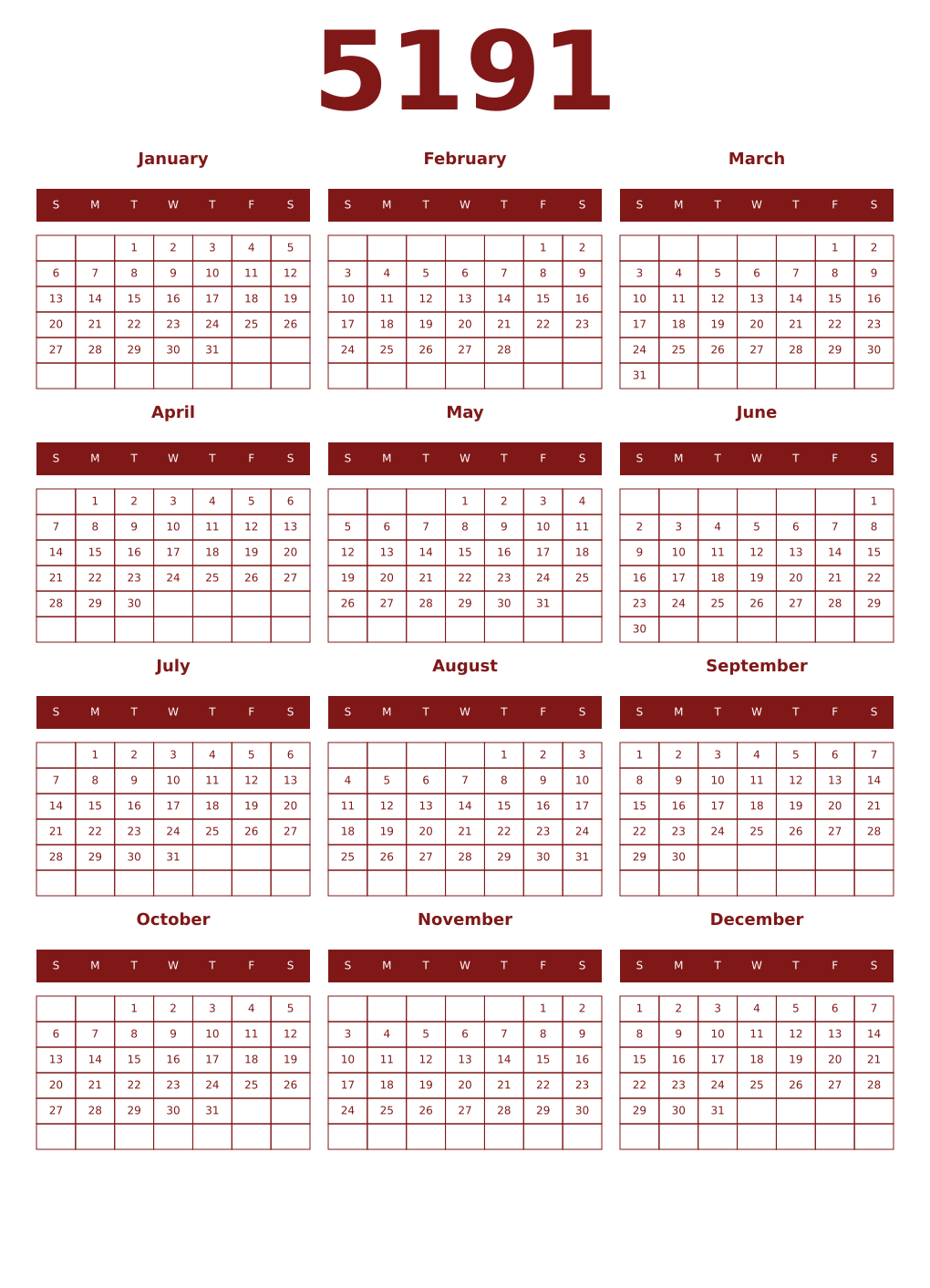 Printable 5191 Year Calendars falu