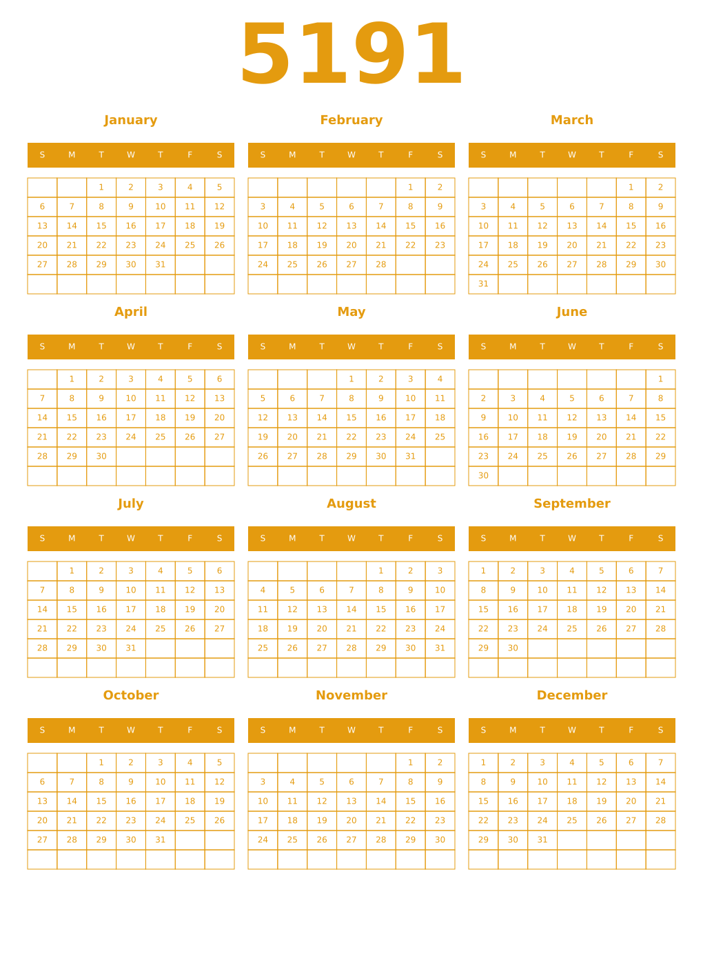Printable 5191 Year Calendars gamboge