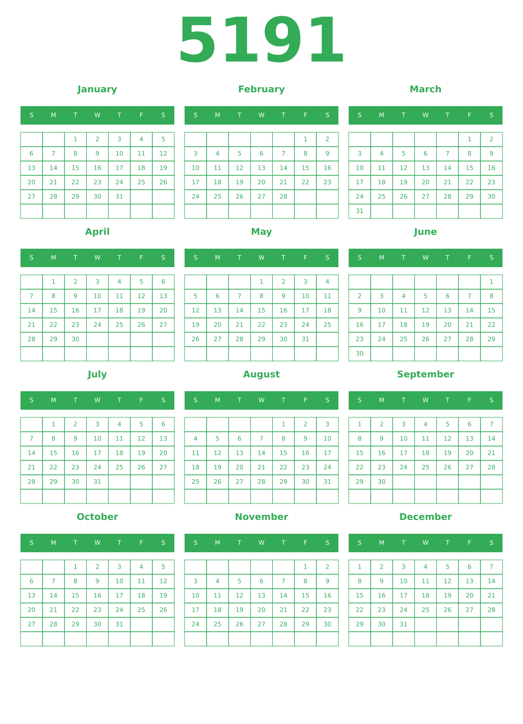 Printable 5191 Year Calendars green