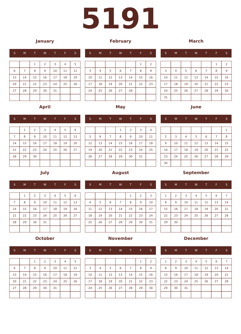 Printable 5191 Year Calendars mortuum