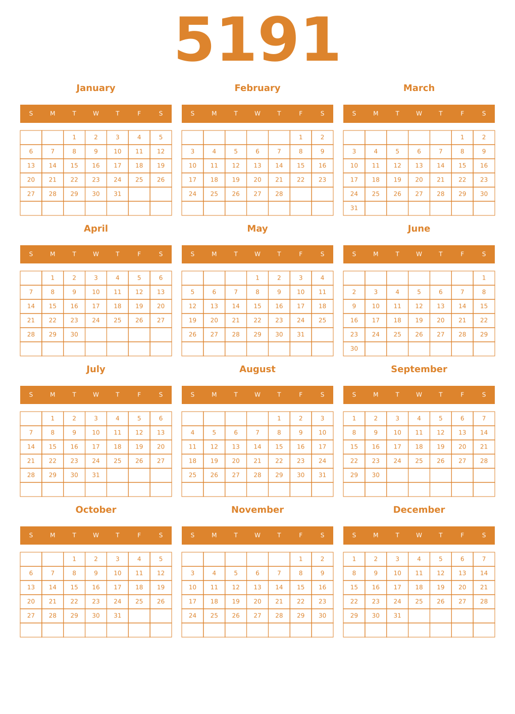 Printable 5191 Year Calendars orange
