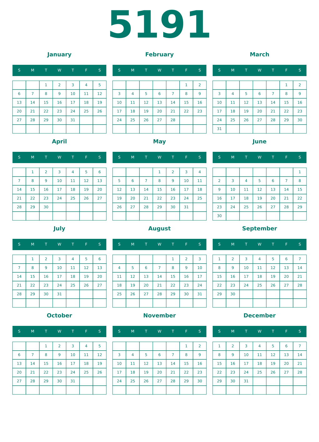Printable 5191 Year Calendars pastel
