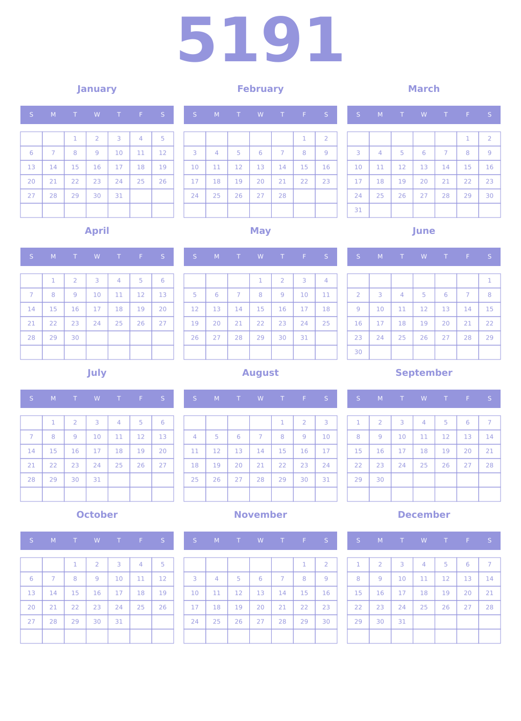 Printable 5191 Year Calendars periwinkle