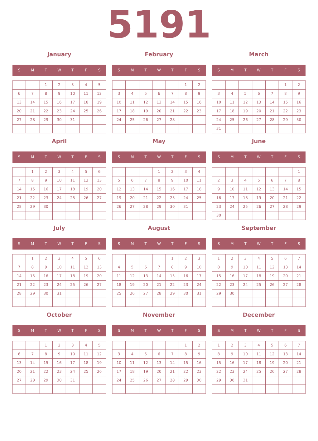 Printable 5191 Year Calendars puce
