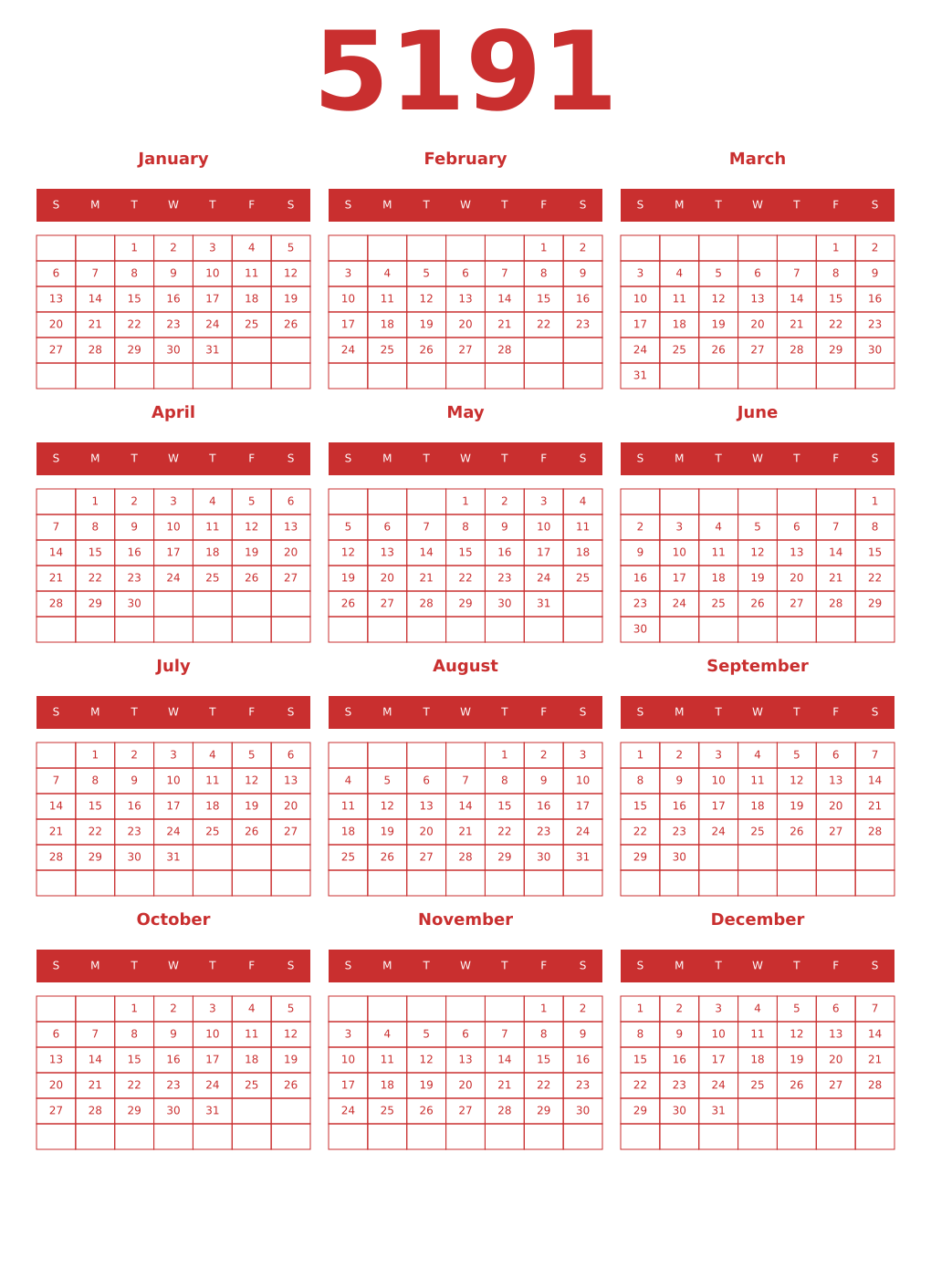 Printable 5191 Year Calendars red