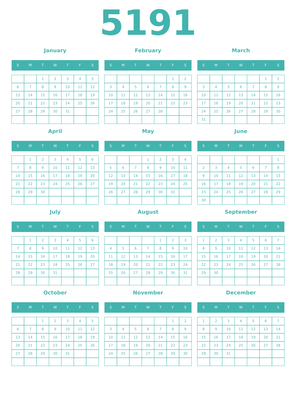 Printable 5191 Year Calendars verdigris