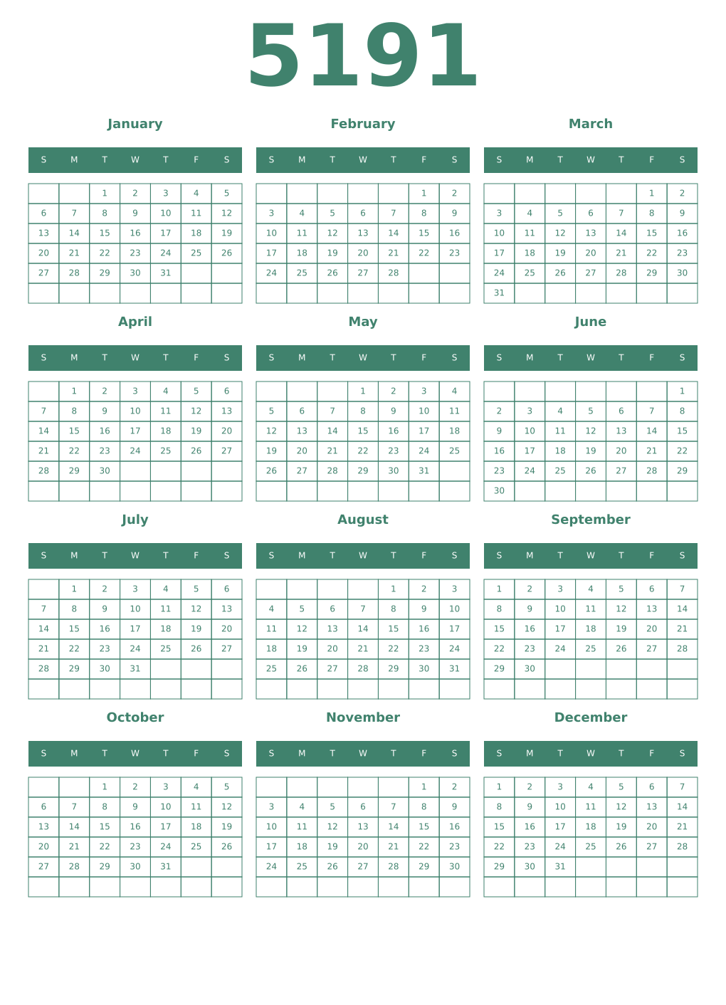 Printable 5191 Year Calendars viridian