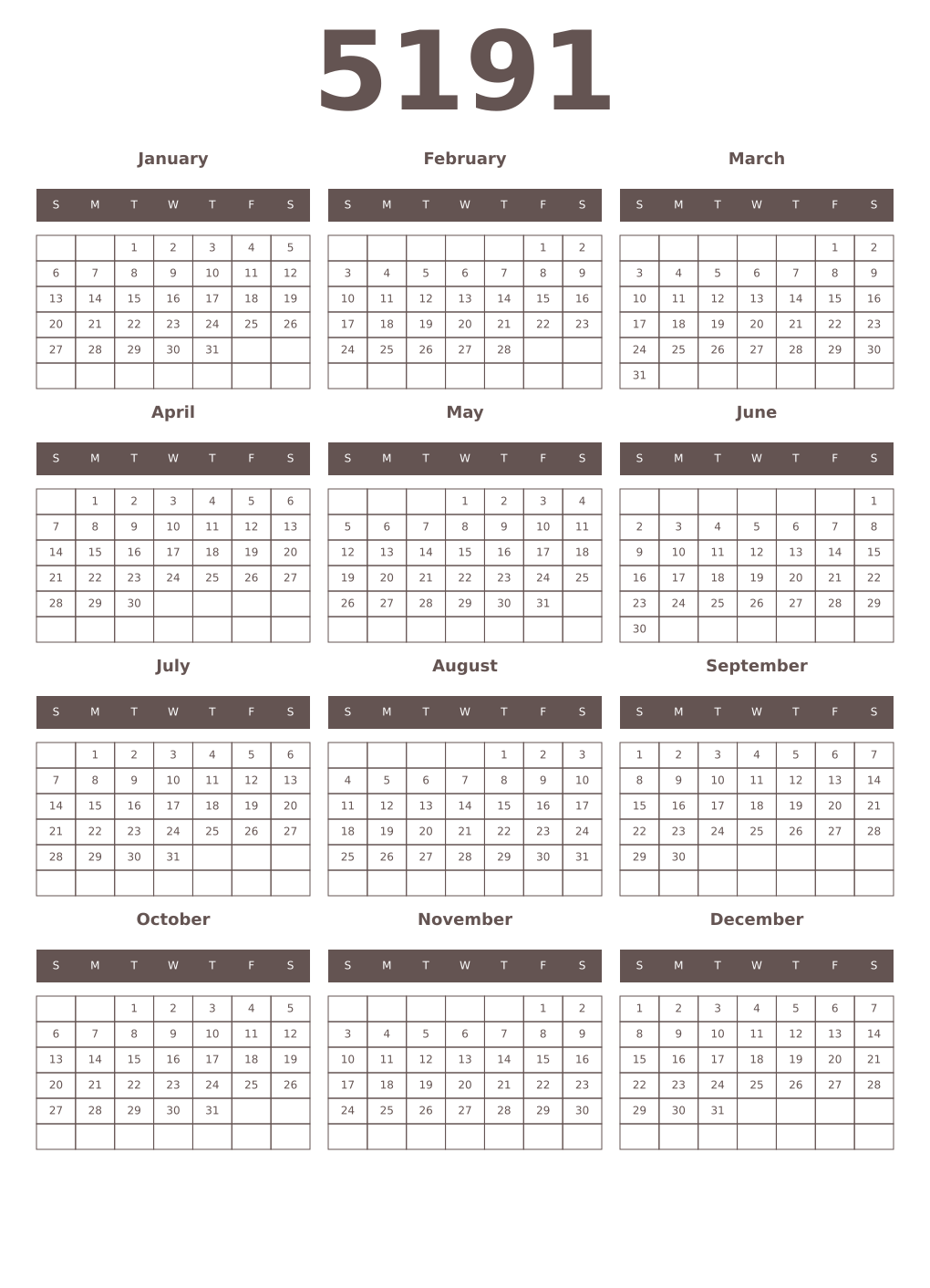 Printable 5191 Year Calendars wenge