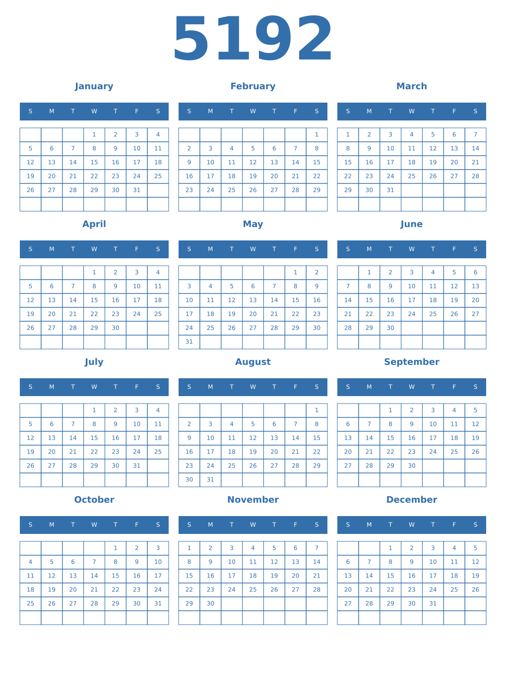 Printable 5192 Year Calendars blue