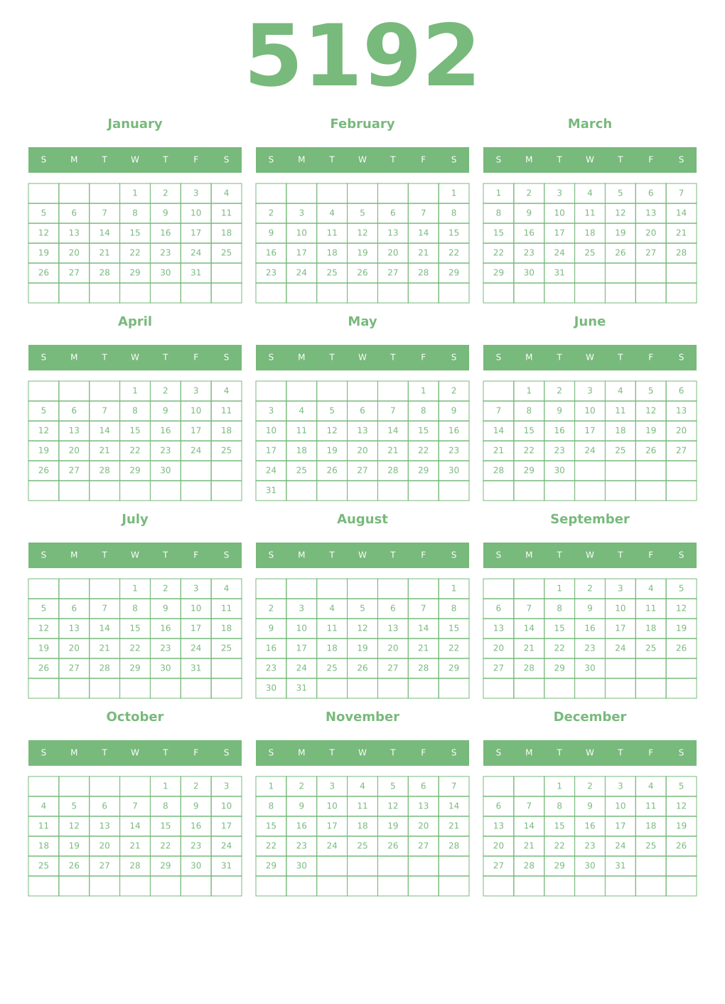 Printable 5192 Year Calendars celadon