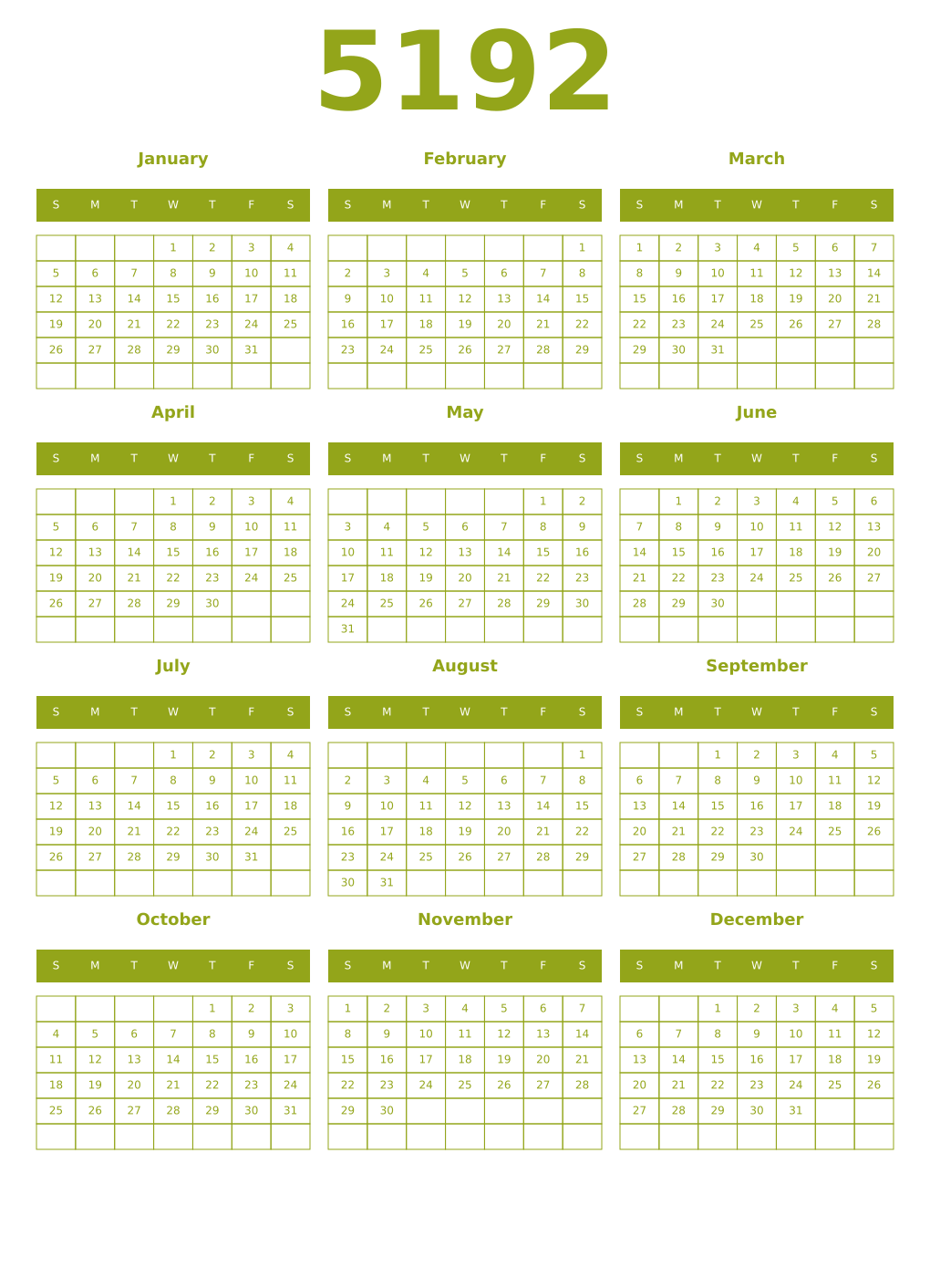 Printable 5192 Year Calendars chartreuse