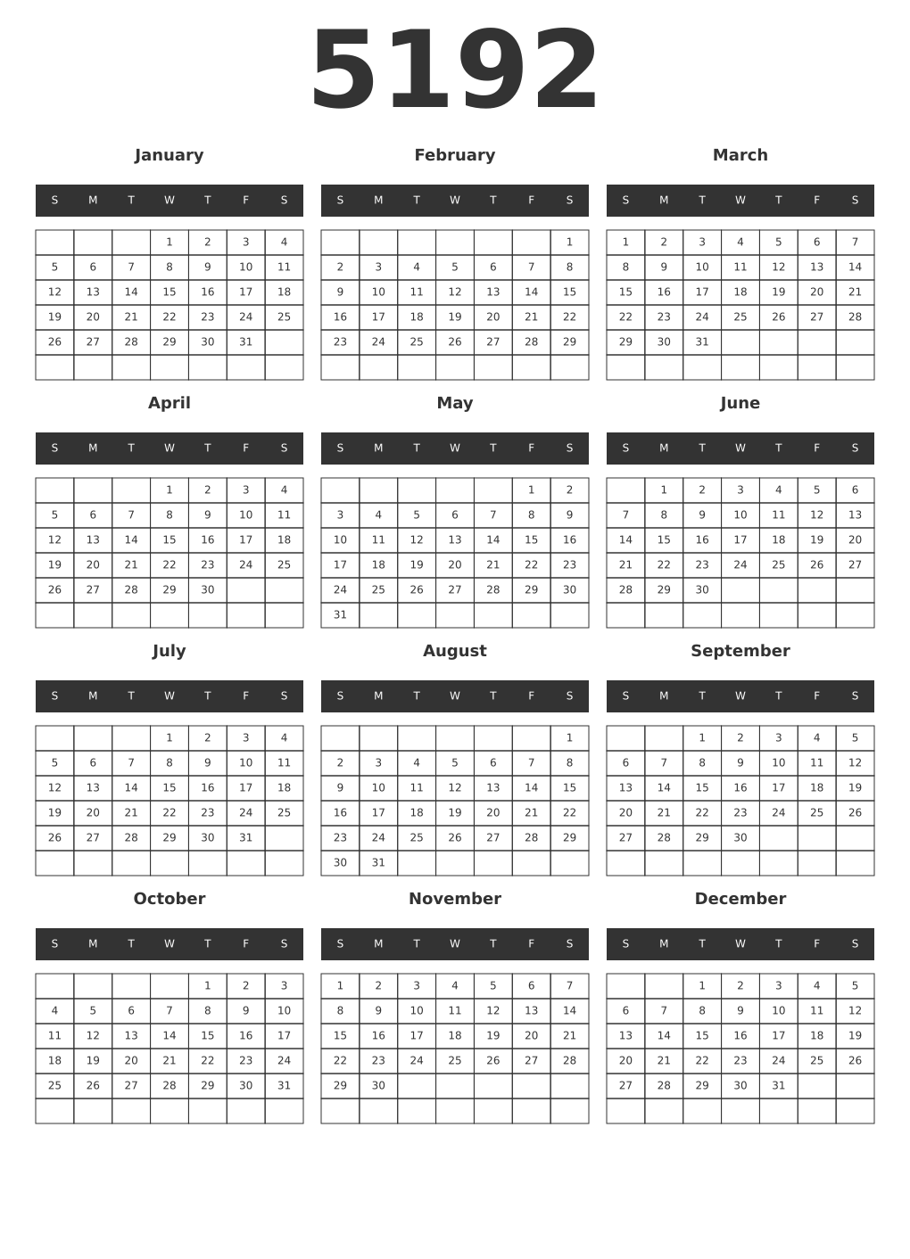 Printable 5192 Year Calendars dark