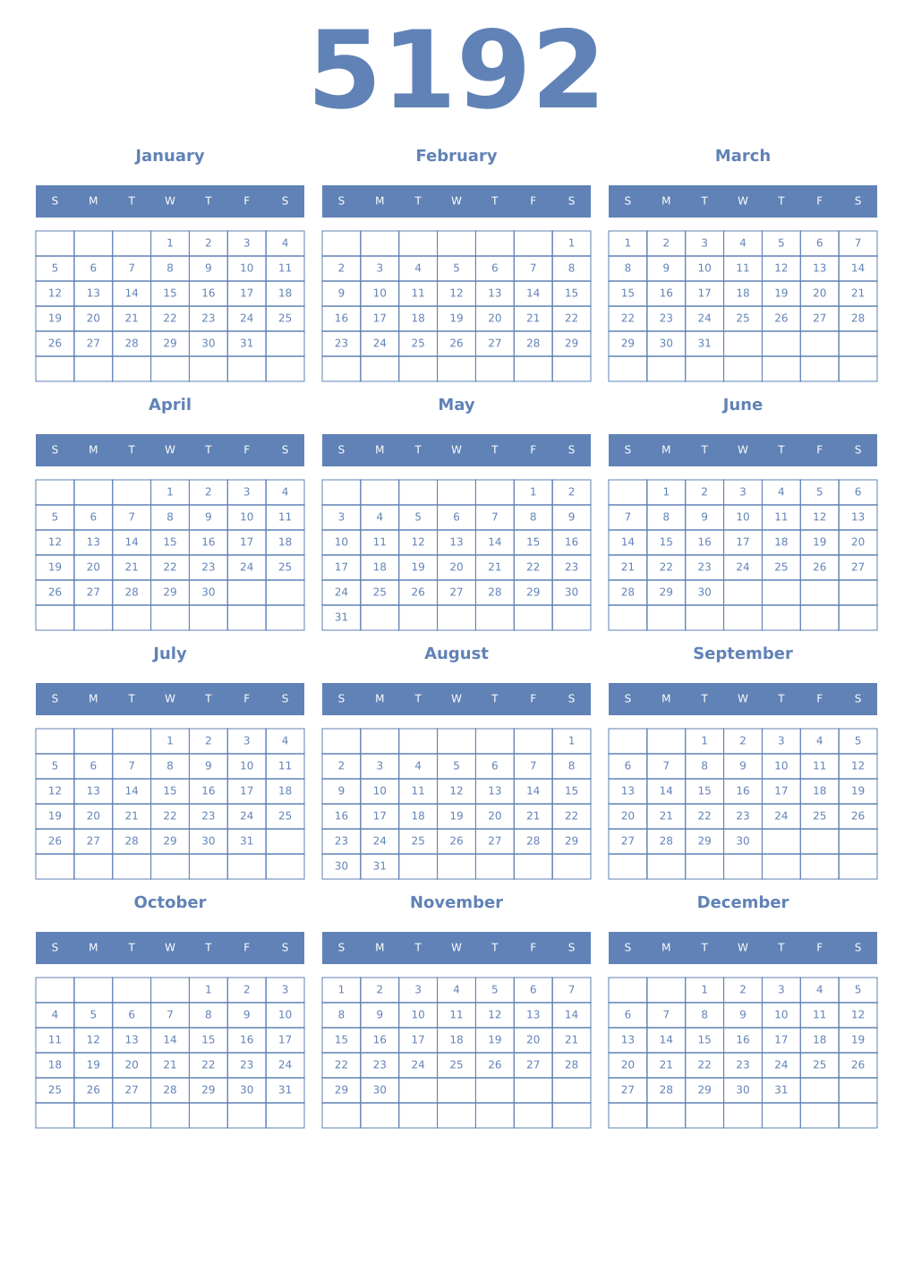 Printable 5192 Year Calendars glaucous