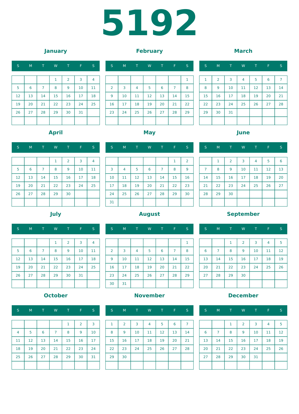 Printable 5192 Year Calendars pastel