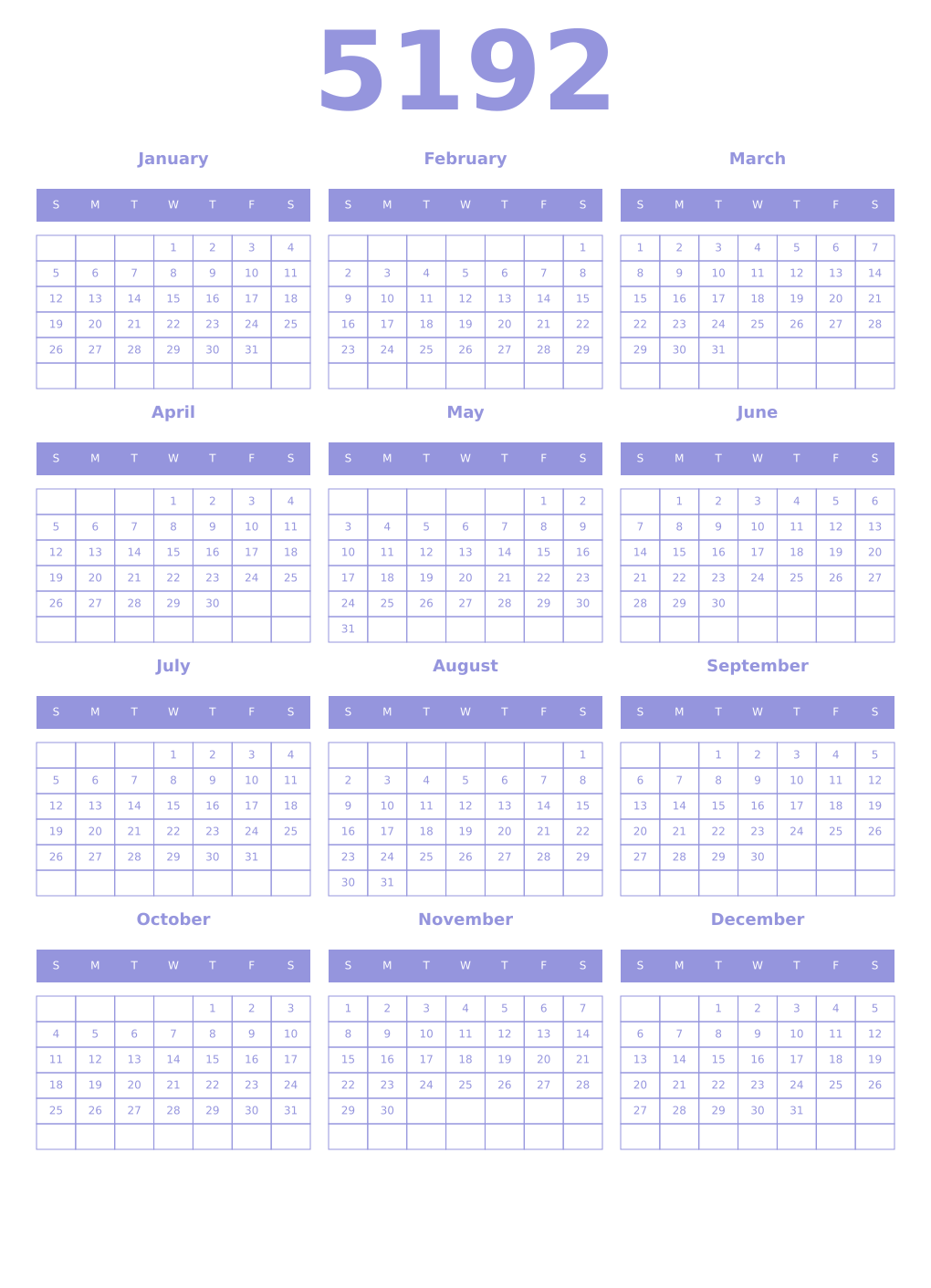 Printable 5192 Year Calendars periwinkle