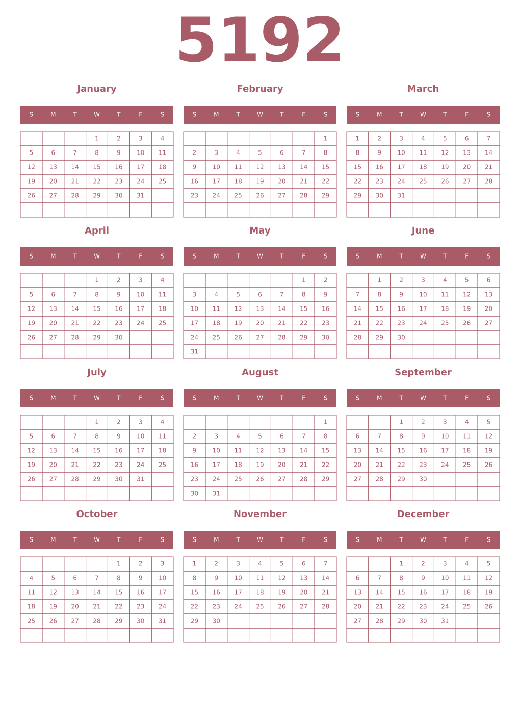 Printable 5192 Year Calendars puce