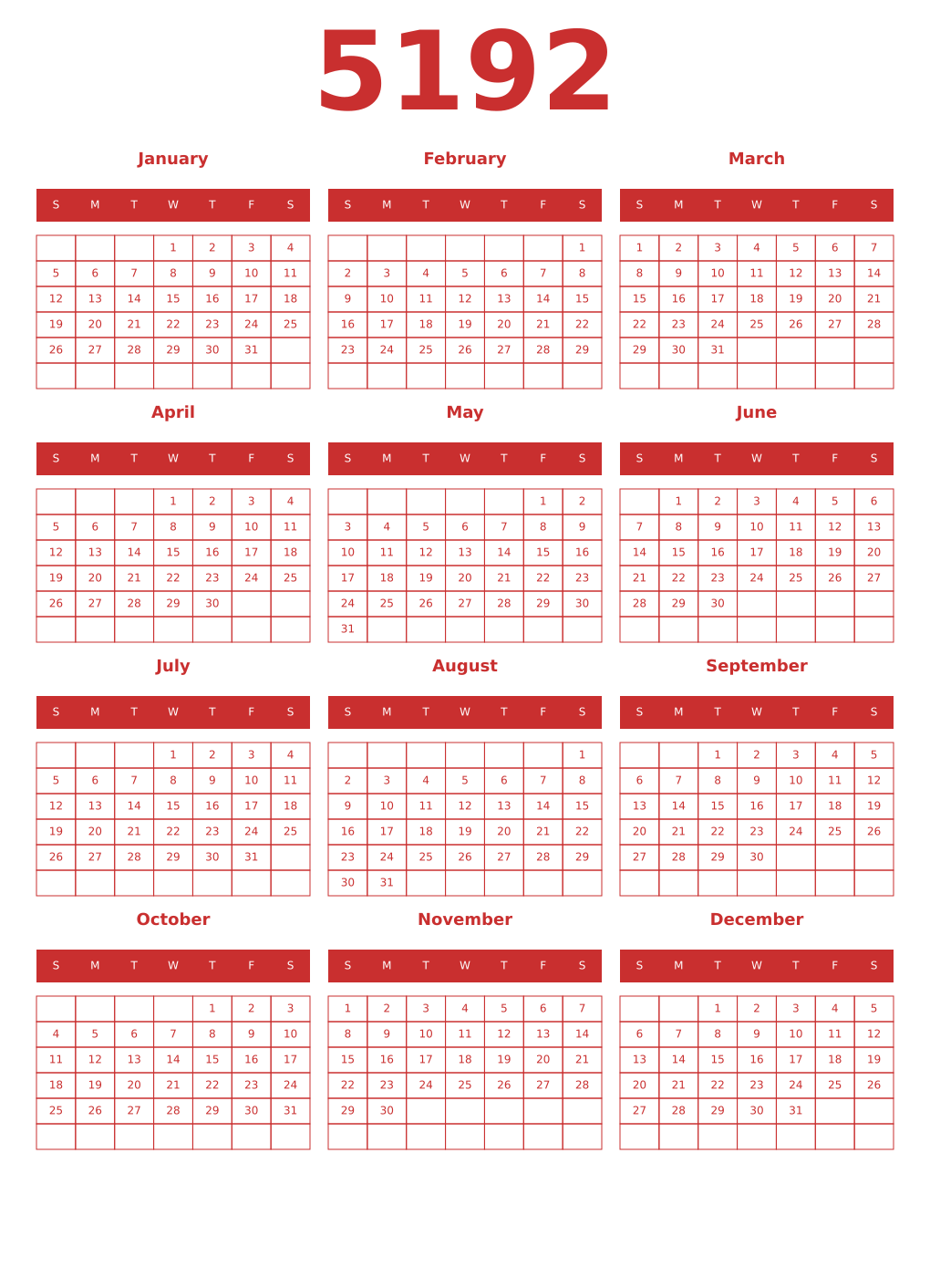 Printable 5192 Year Calendars red