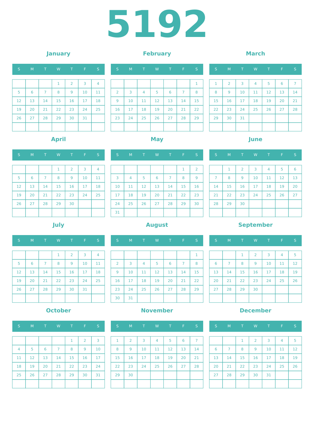 Printable 5192 Year Calendars verdigris