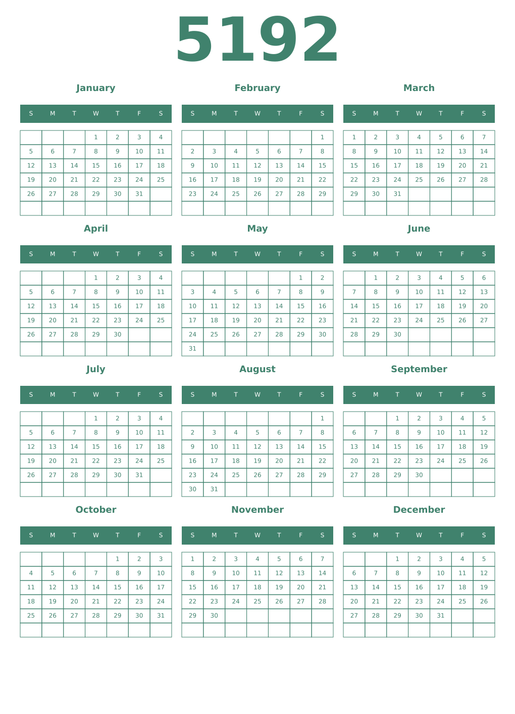 Printable 5192 Year Calendars viridian