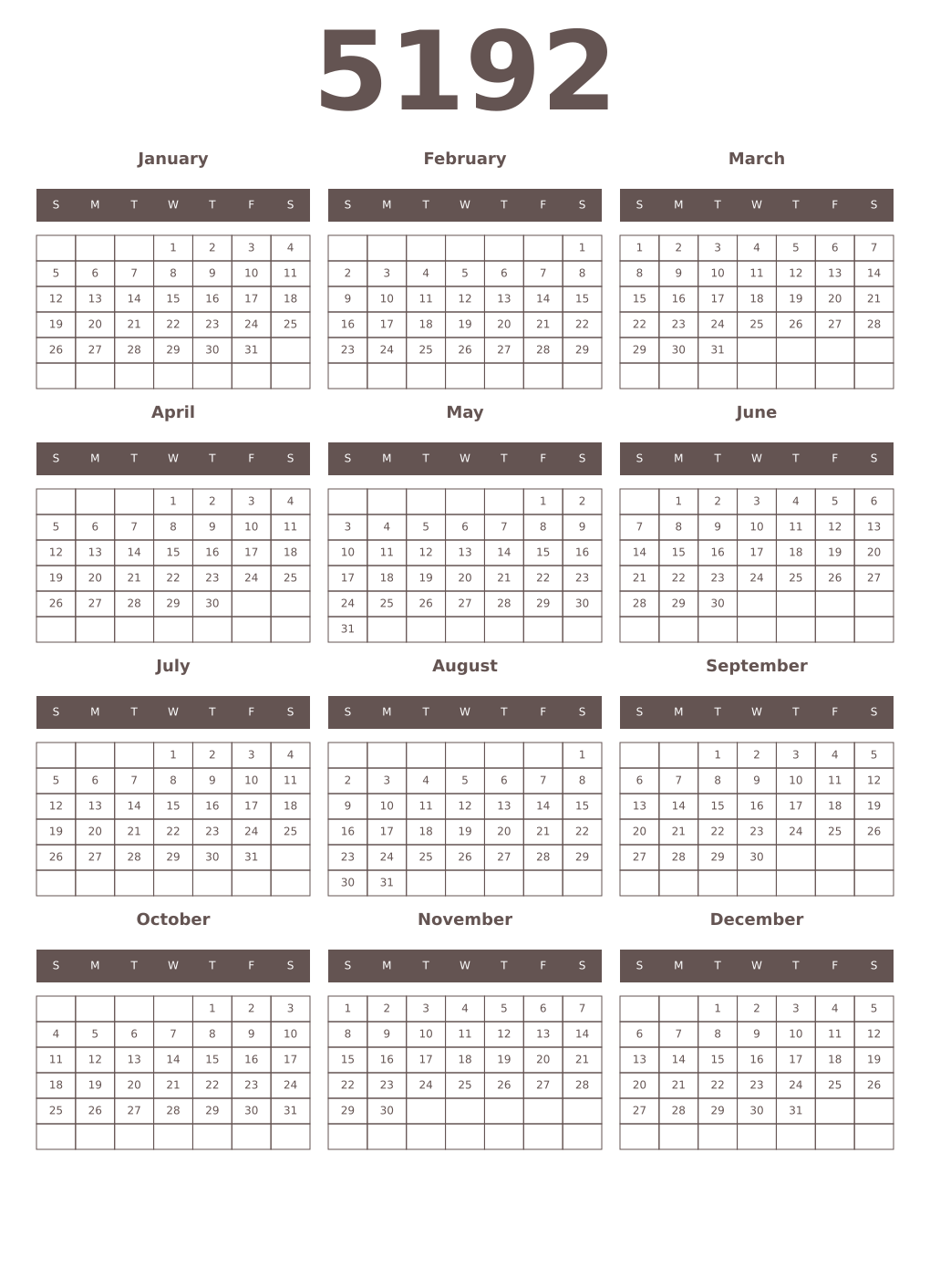 Printable 5192 Year Calendars wenge